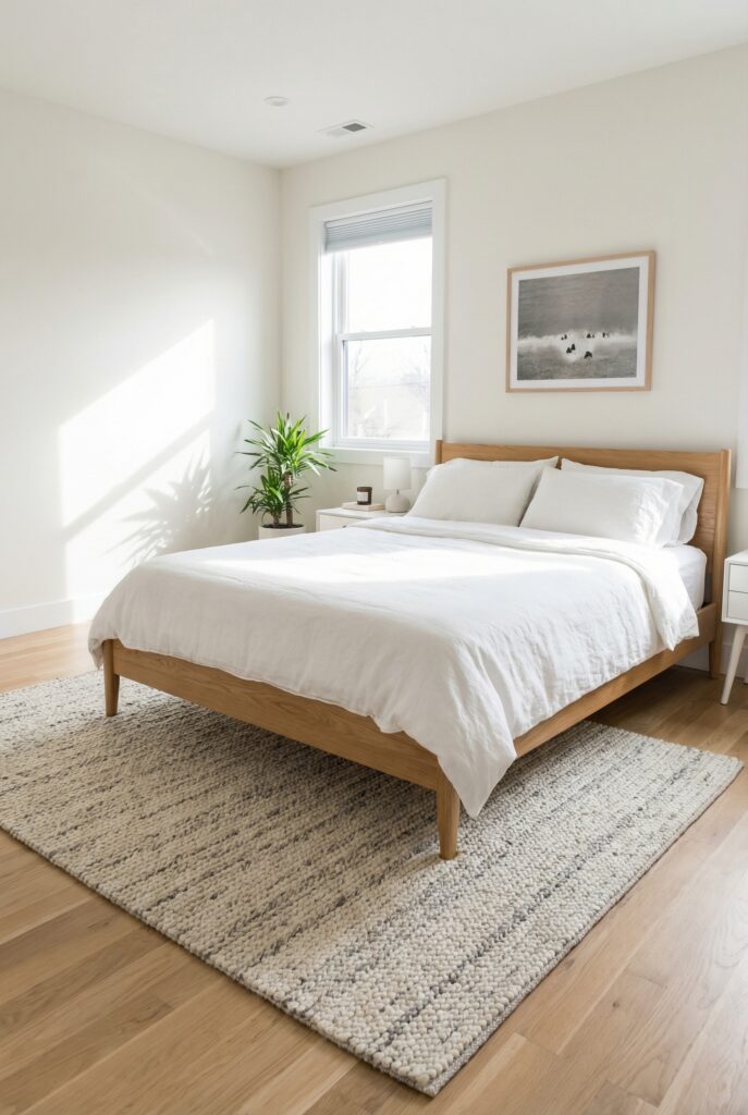 Light filled small bedroom with large wall art over the bed and a single statement piece above the nightstand, illustrating small bedroom wall decor that keeps the space open.