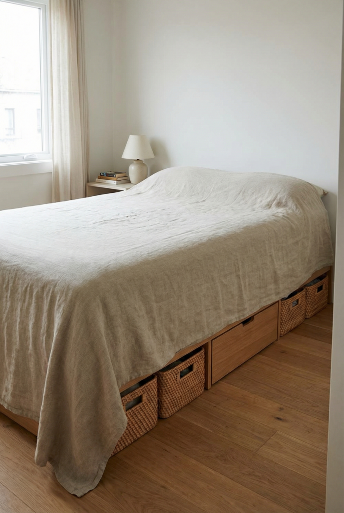 Space saving bed with linen cover hiding baskets and drawers, smart under bed storage for a small bedroom.