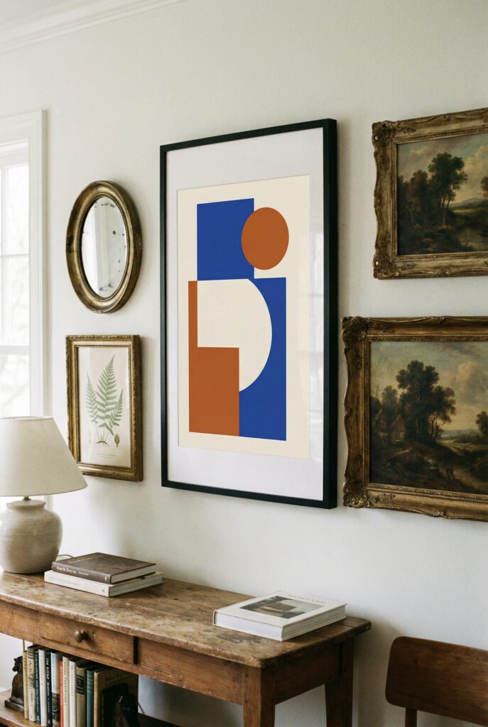 Modern vintage decor with a bold geometric framed art print surrounded by antique-style mirrors, botanical prints, and traditional landscapes on a rustic console wall