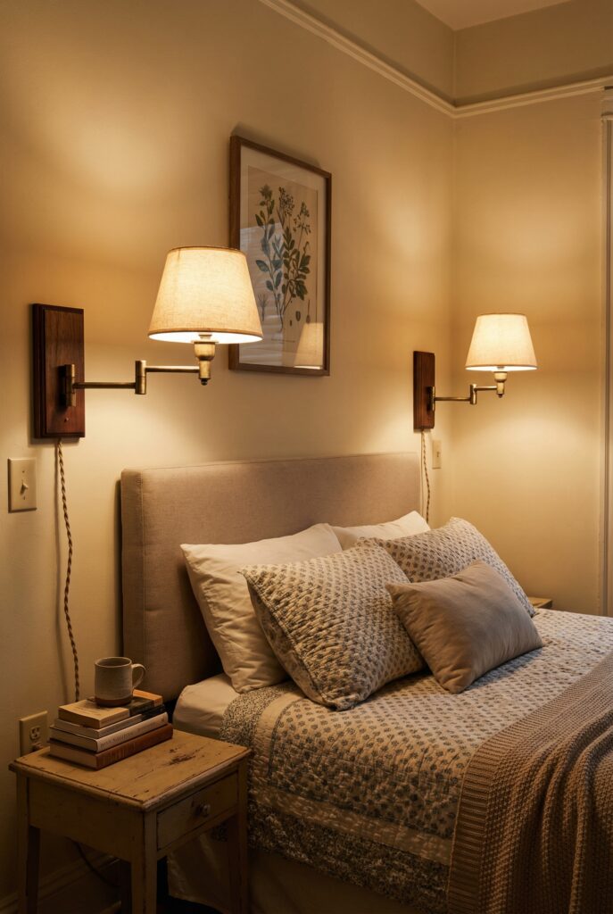 Romantic wall decor in a bedroom with swing arm vintage sconces framing the bed and a botanical print above the headboard