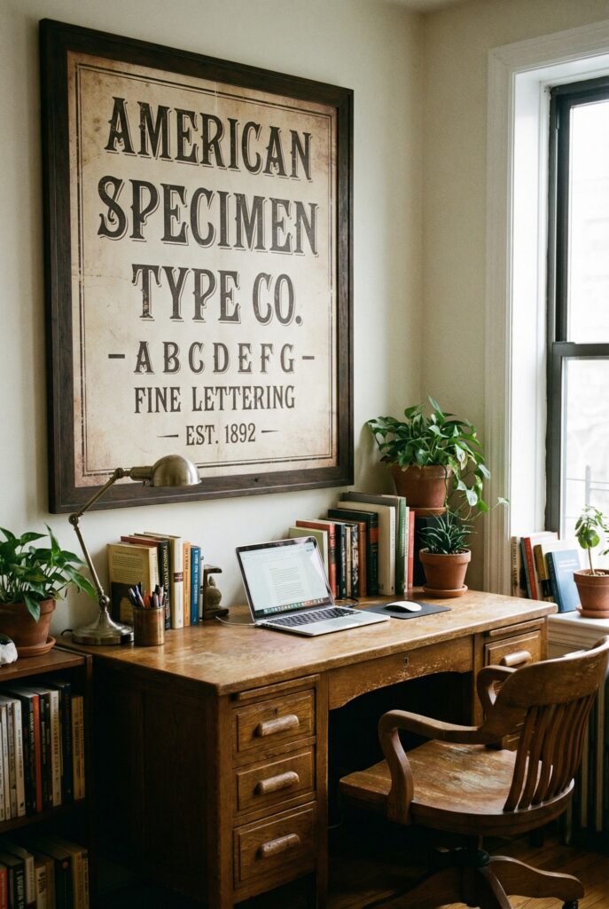 Home office with oversized vintage typography wall art above a wood desk, mixing vintage wall decor with books and plants