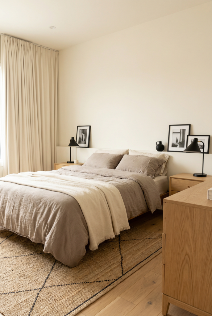 Minimalist bedroom with warm neutral bedding, jute rug and black accents in decor, perfect for contemporary bedroom inspiration.