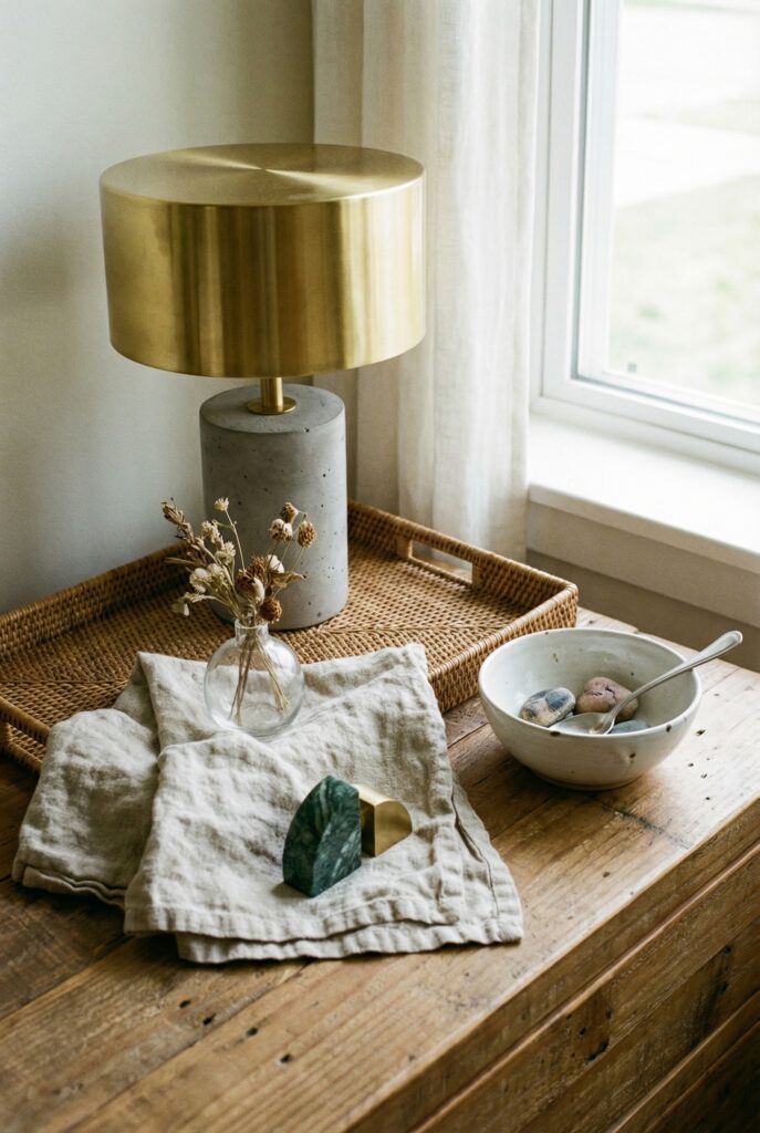 Close up of brass and concrete lamp, woven tray and ceramic bowl mixing materials for handmade, sustainable home decor.