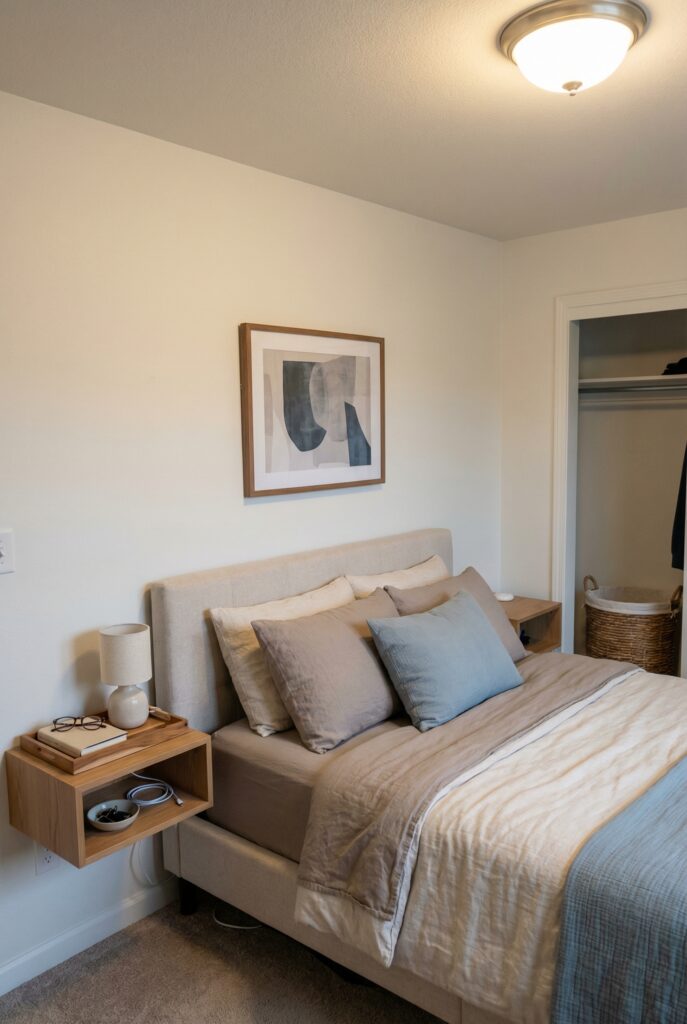 Cozy small bedroom with layered pillows, art and open closet, illustrating how small bedroom decor can look cluttered without smart organization.