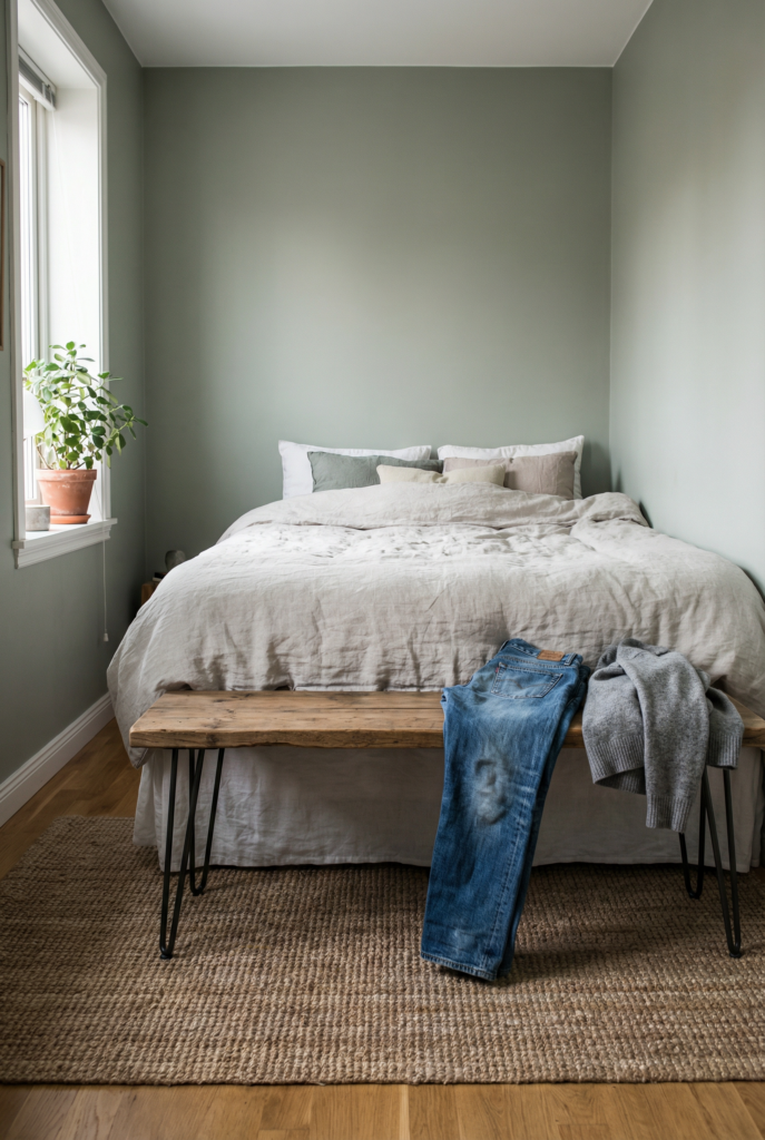Bedroom decor with green walls, linen bedding and wood bench with black hairpin legs, showing relaxed black accents in decor.