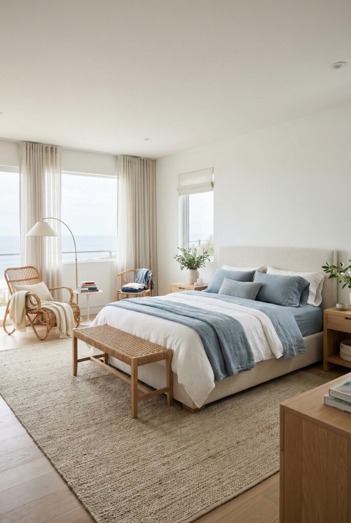 Modern coastal bedroom ideas with layered blue and white bedding, rattan bench, and airy curtains framing an ocean view.