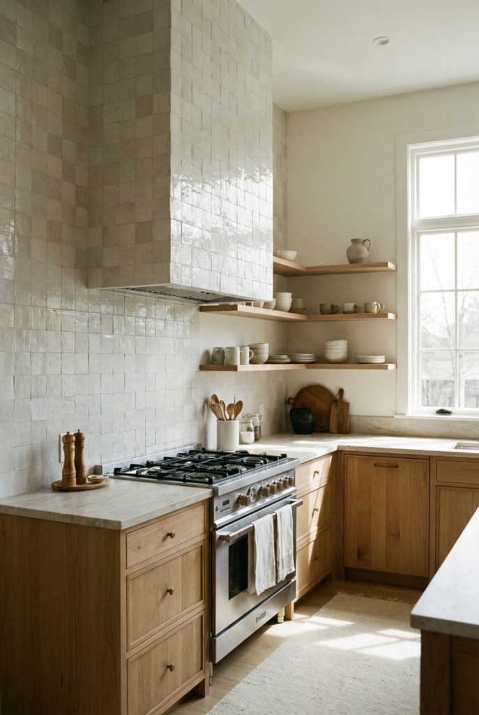 Light U shape kitchen with floor to ceiling tile on one wall and open shelving, vertical design elements that stretch a tiny room.