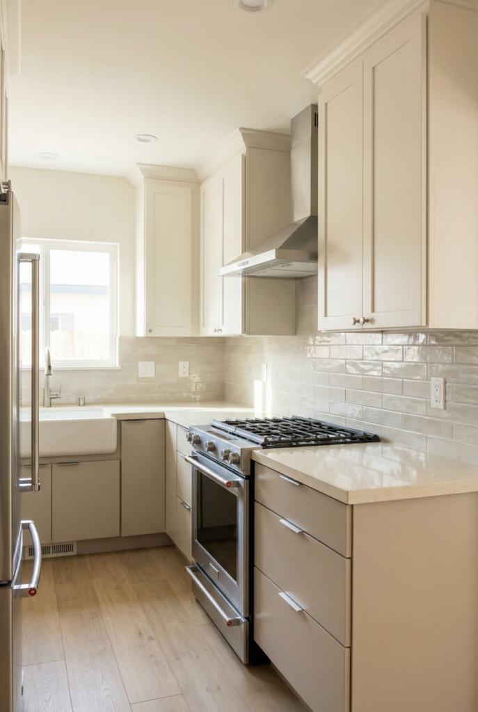 Cream U shape kitchen with glossy backsplash and light countertops, using light colors and reflective finishes for natural light small kitchen vibes.
