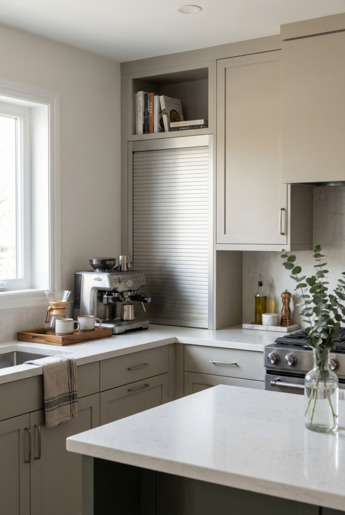 Light gray U shape kitchen with appliance garage and clear counters, showing small kitchen design ideas for minimal countertop clutter and chic clever storage.