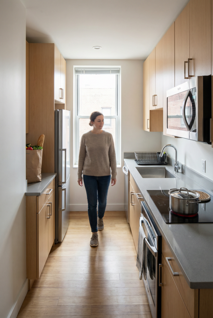 Long galley kitchen with full height cabinets and a clear central walkway, a space saving layout that shows how to maximize space in a tiny kitchen.