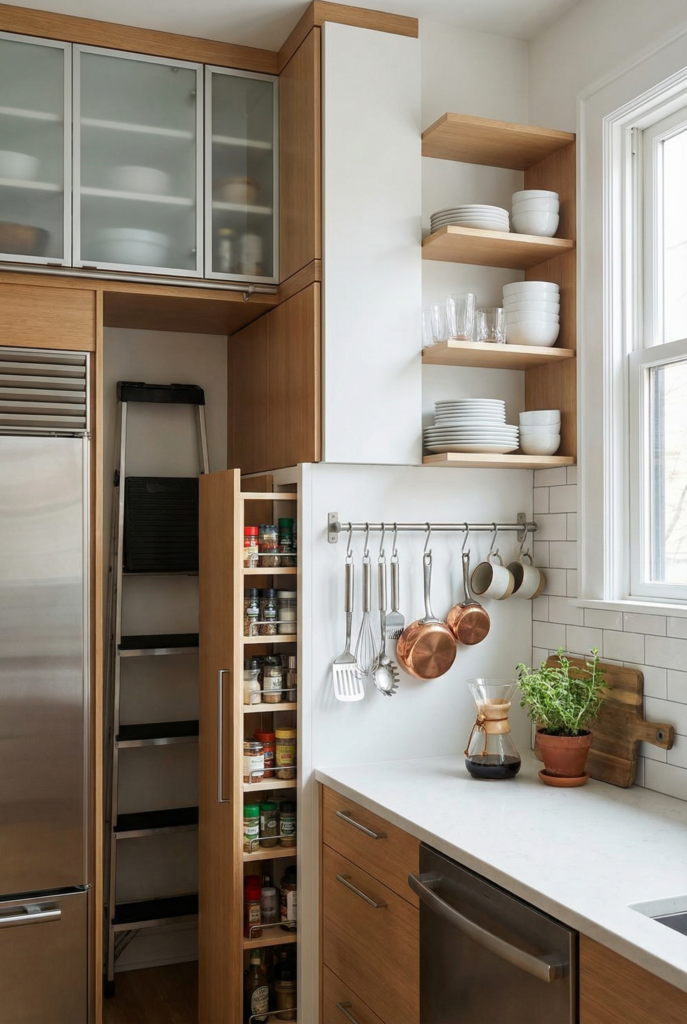 Tiny kitchen packed with open shelving, wall hooks, and a slim pullout cabinet, a vertical storage small kitchen design hack that maximizes wall space storage.