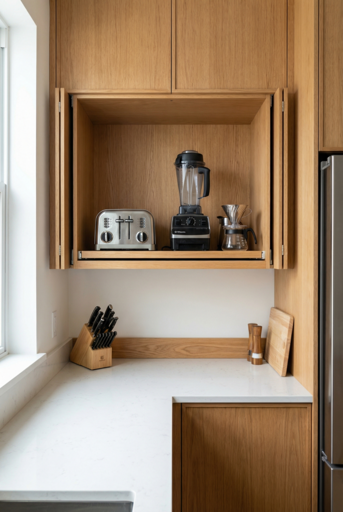 Compact kitchen with tall wood appliance garage hiding toaster and blender so the open counter stays clear, a smart compact appliances idea for small kitchens.