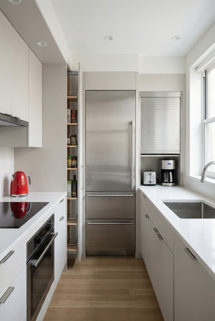 Bright galley with cabinet depth refrigerator, slim pullout pantry, and appliance garage, smart compact appliances layout that helps maximize space in a tiny kitchen.