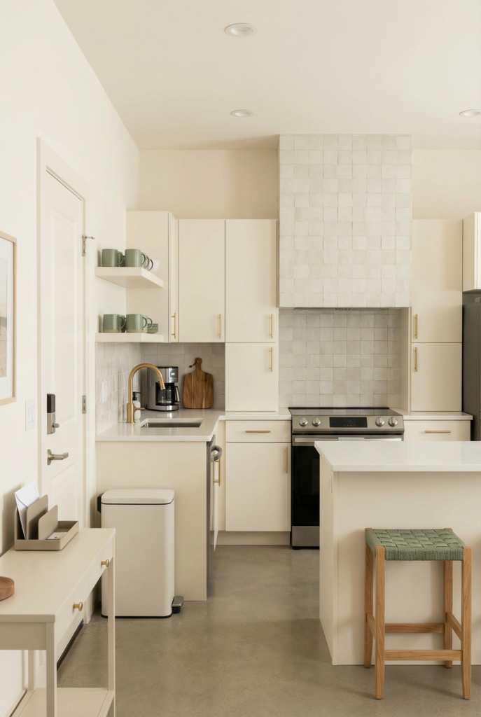 Soft neutral one wall kitchen with compact appliances, slim cabinets, and open shelving, a calm example of small kitchen design ideas that feel airy.