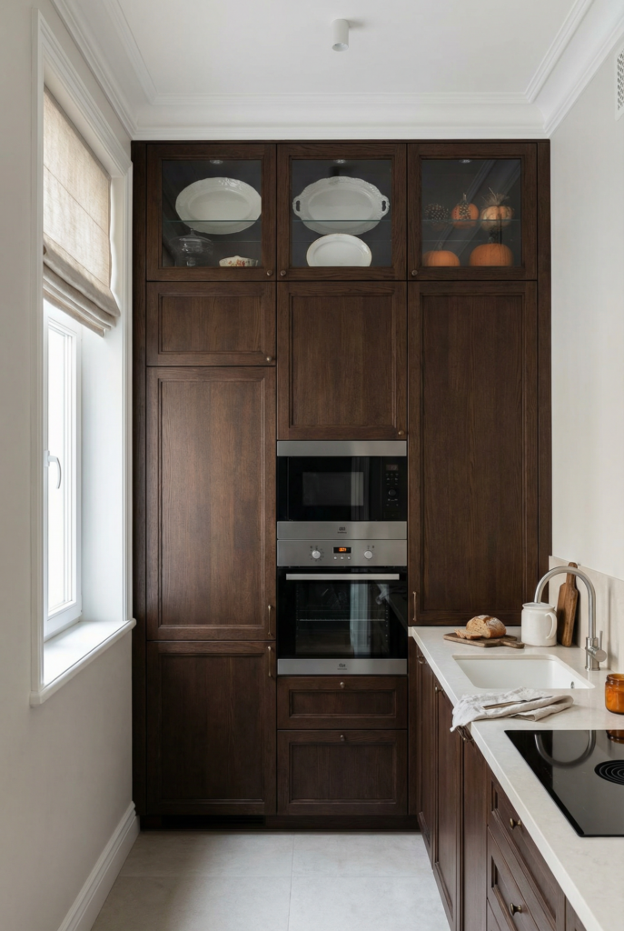 Dark galley kitchen with extra row cabinets to the ceiling, vertical design elements that add wall space storage in a custom cabinetry small kitchen.