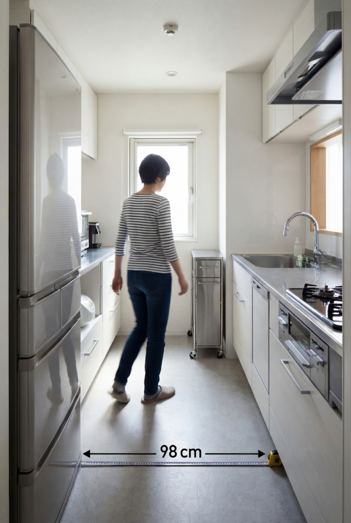 Narrow galley layout with a clear 98 cm walkway, showing space saving layout rules to maximize space in a tiny kitchen.