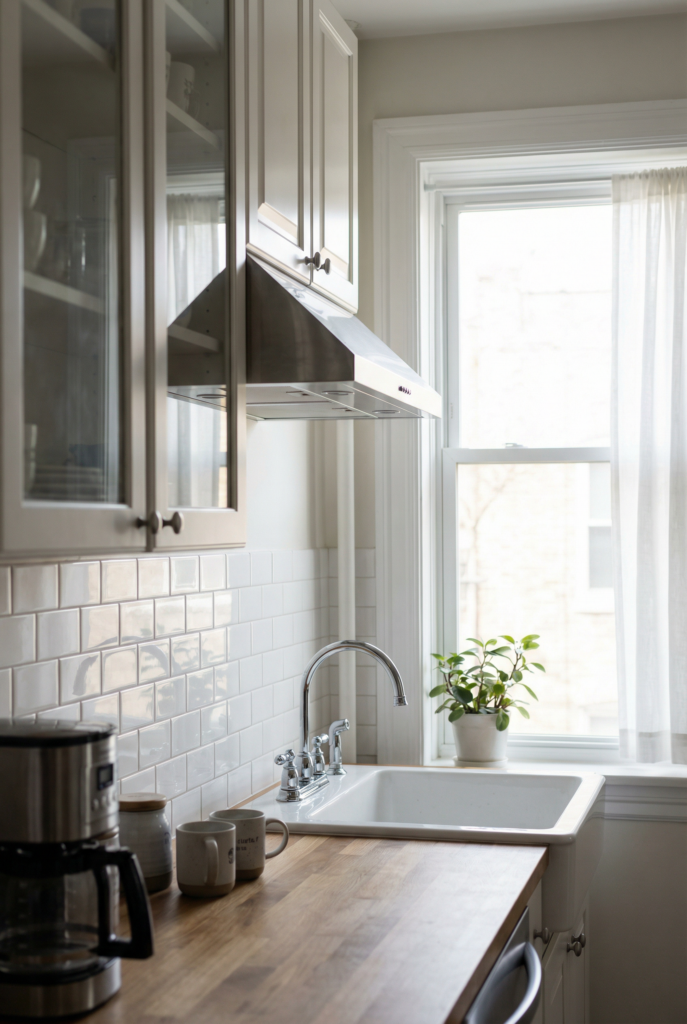 Bright galley with glossy subway tile and big window, reflective finishes and natural light small kitchen look that keeps the space feeling bigger.