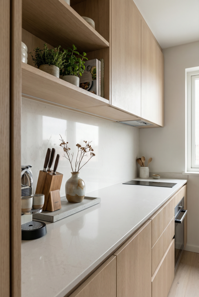 Light wood galley with simple decor, herbs, and a clear prep strip, showing small kitchen design ideas that maximize space in a tiny kitchen.