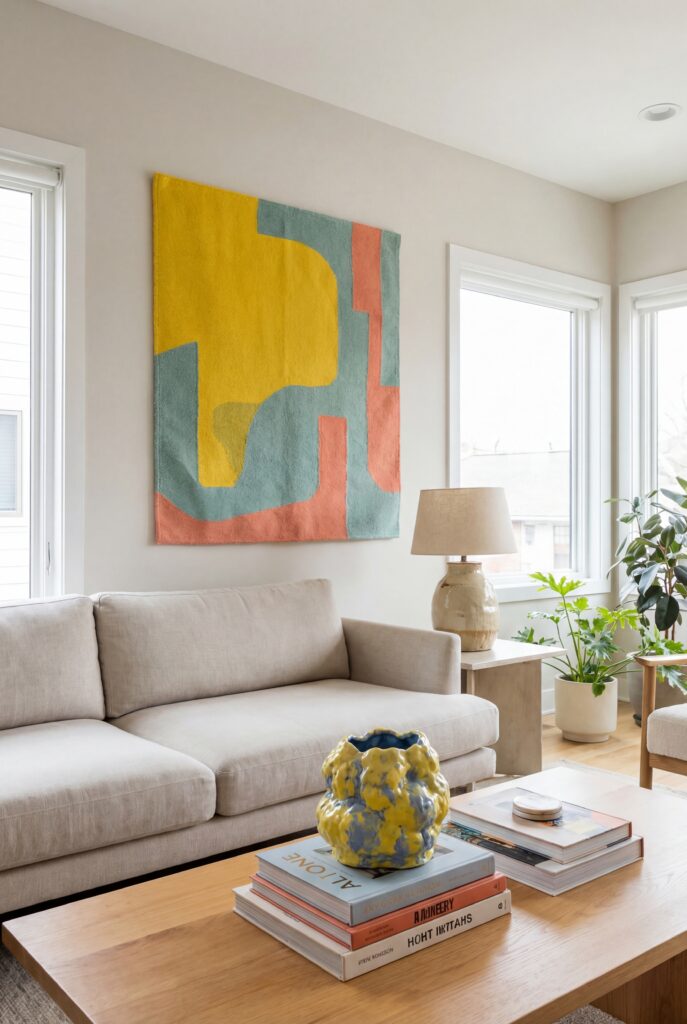 Bright living room with colorful home decor, abstract wall hanging and quirky home decor vase styled on design books.