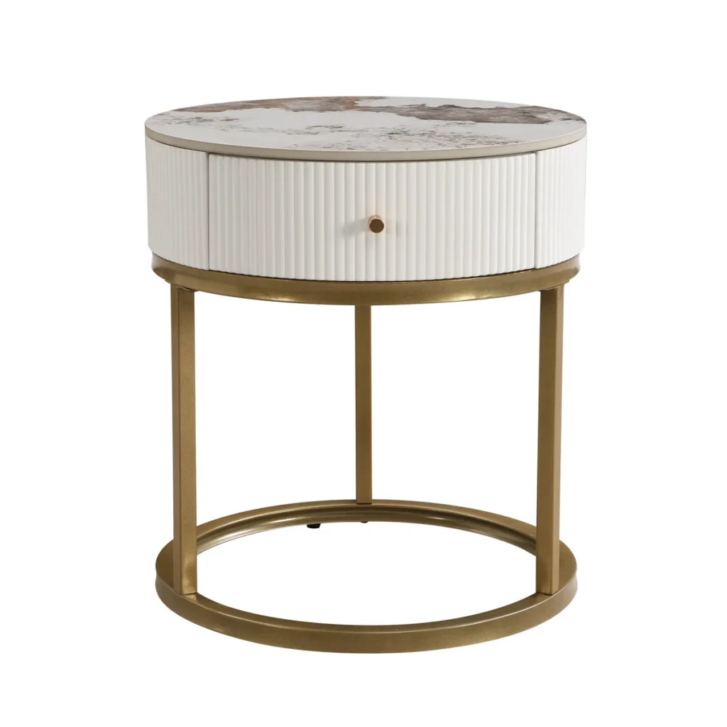 round marble and gold nightstand styled for mismatched nightstands bedroom design