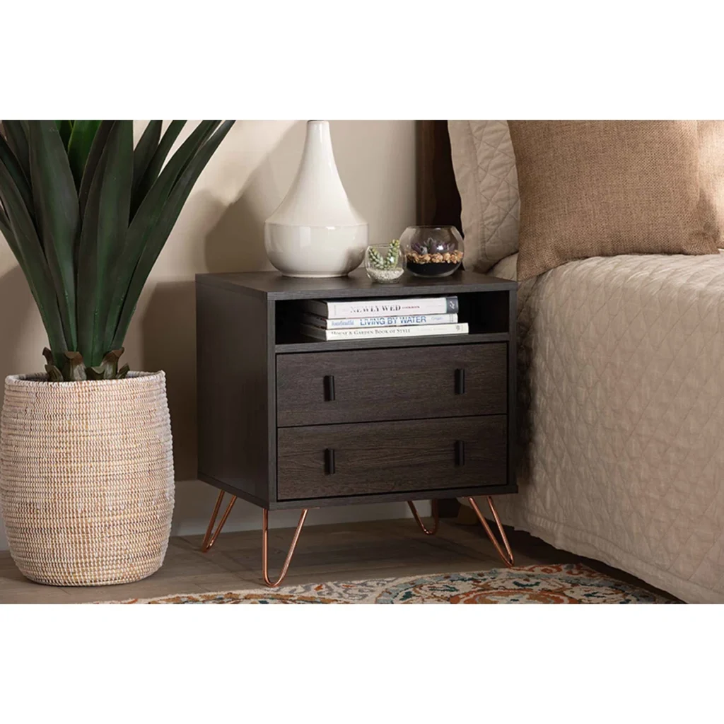 dark wood nightstand with decor next to bed, example of mismatched nightstands styling
