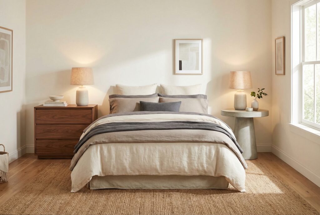 neutral bedroom decor using mismatched nightstands with wood dresser and round stone table