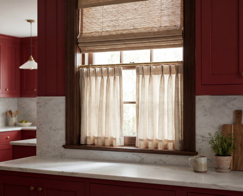 Layering Cafe Curtains Over Woven Shades