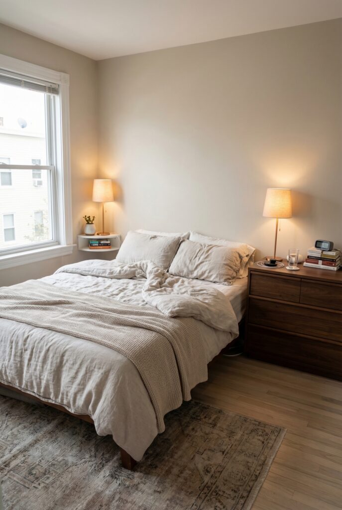 small bedroom with mismatched nightstands for awkward layout and space-saving design