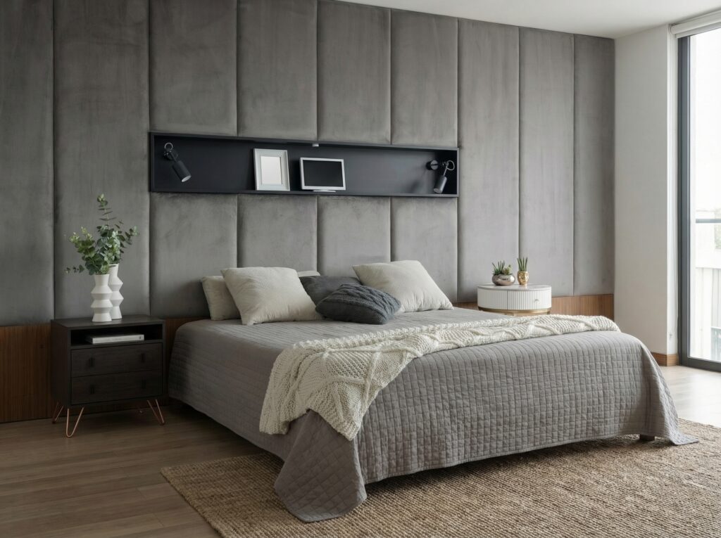 modern bedroom featuring mismatched nightstands with contrasting styles and finishes