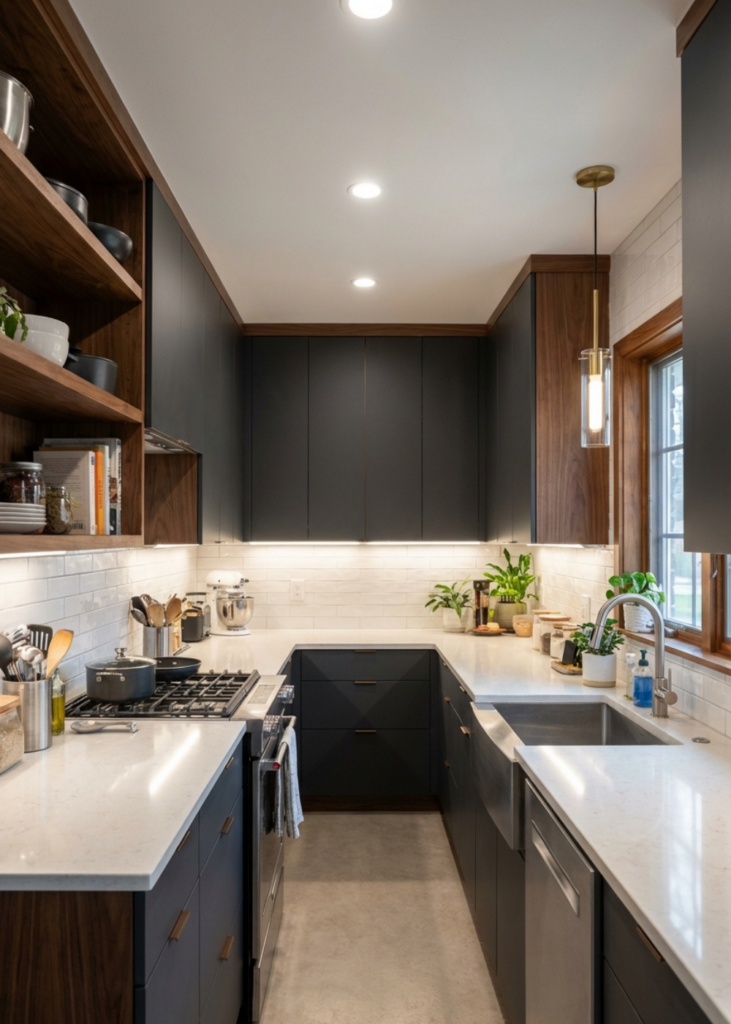 Modern galley kitchen with layered lighting, dark cabinets, wood accents, and under-cabinet lighting for a spacious feel