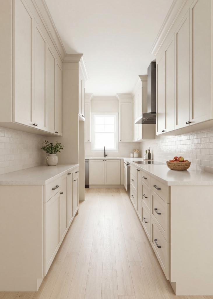 Light colored galley kitchen with white cabinets, subway tile backsplash, and long narrow layout that makes the space look bigger