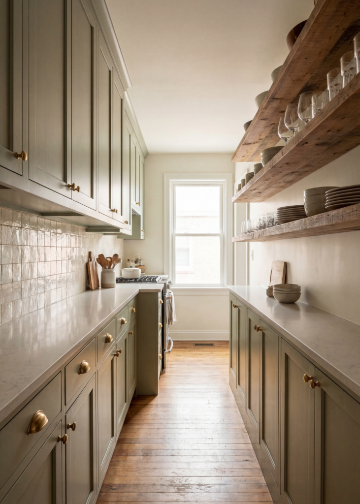 Galley kitchen with open shelving, warm wood floors, and neutral cabinets creating a bright and airy narrow layout