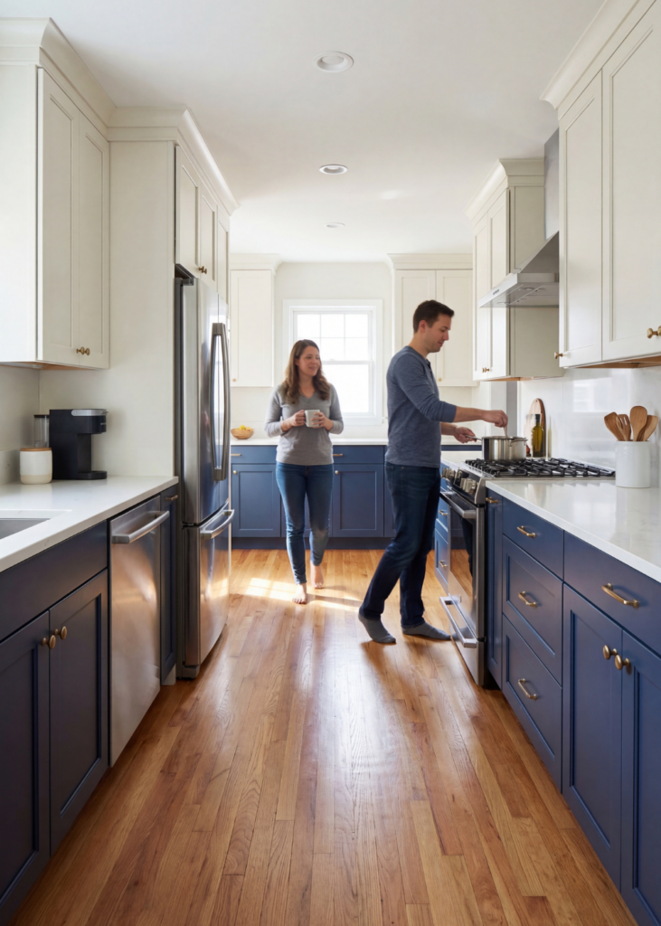 Galley kitchen with wide walkway between navy and white cabinets showing proper aisle spacing for comfortable cooking
