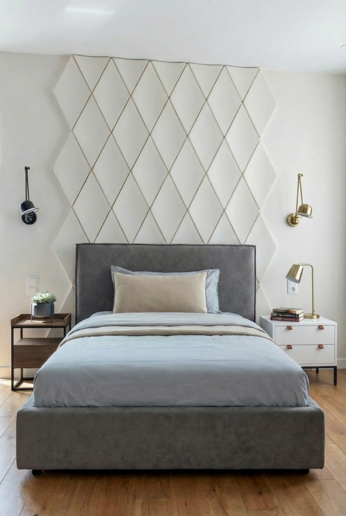 minimal bedroom design with mismatched nightstands in different colors and shapes