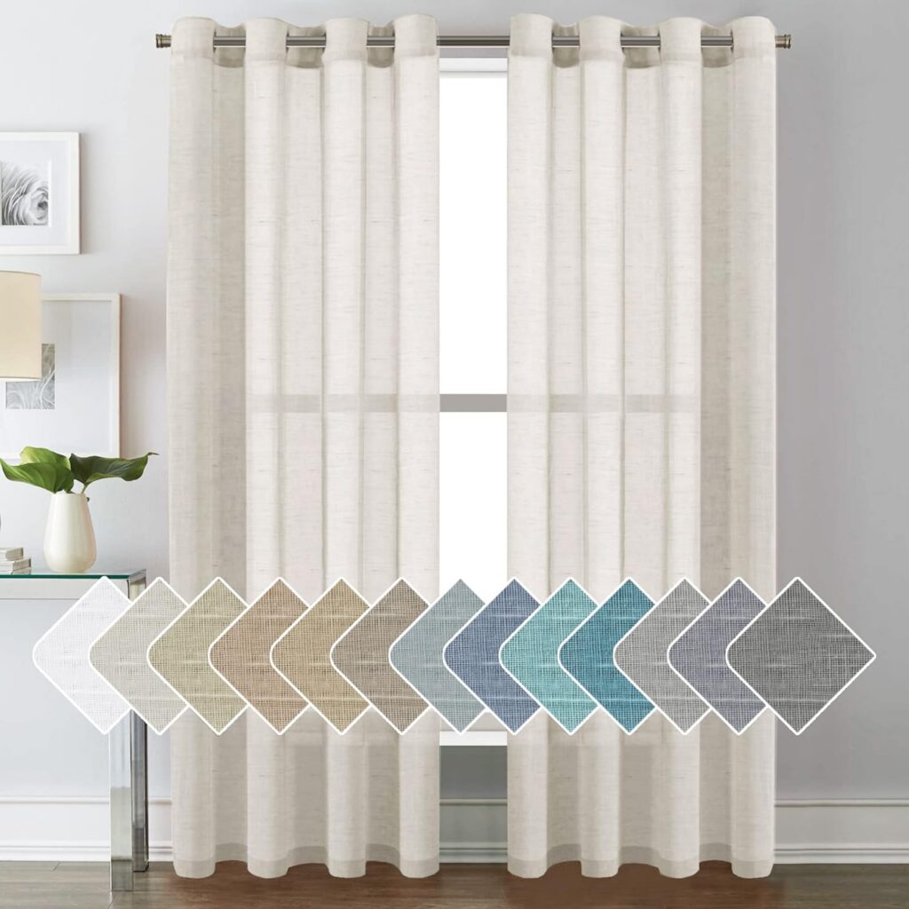 Floor-length natural linen sheer curtains hung on a grommet rod, filtering soft light through a window, with color swatch options displayed in neutral and blue tones.