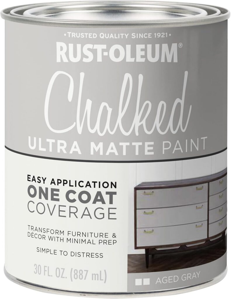 Can of Rust-Oleum Chalked Ultra Matte Paint in Aged Gray, a 30-fluid-ounce container designed for easy one-coat furniture and decor transformation with minimal prep.