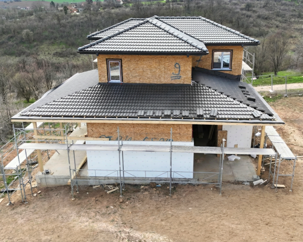 new build house two level anthracite roof completed
