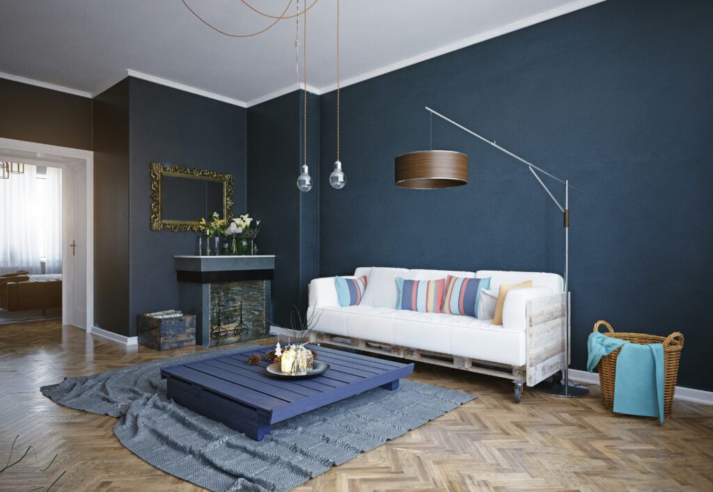 grey living room with crown molding