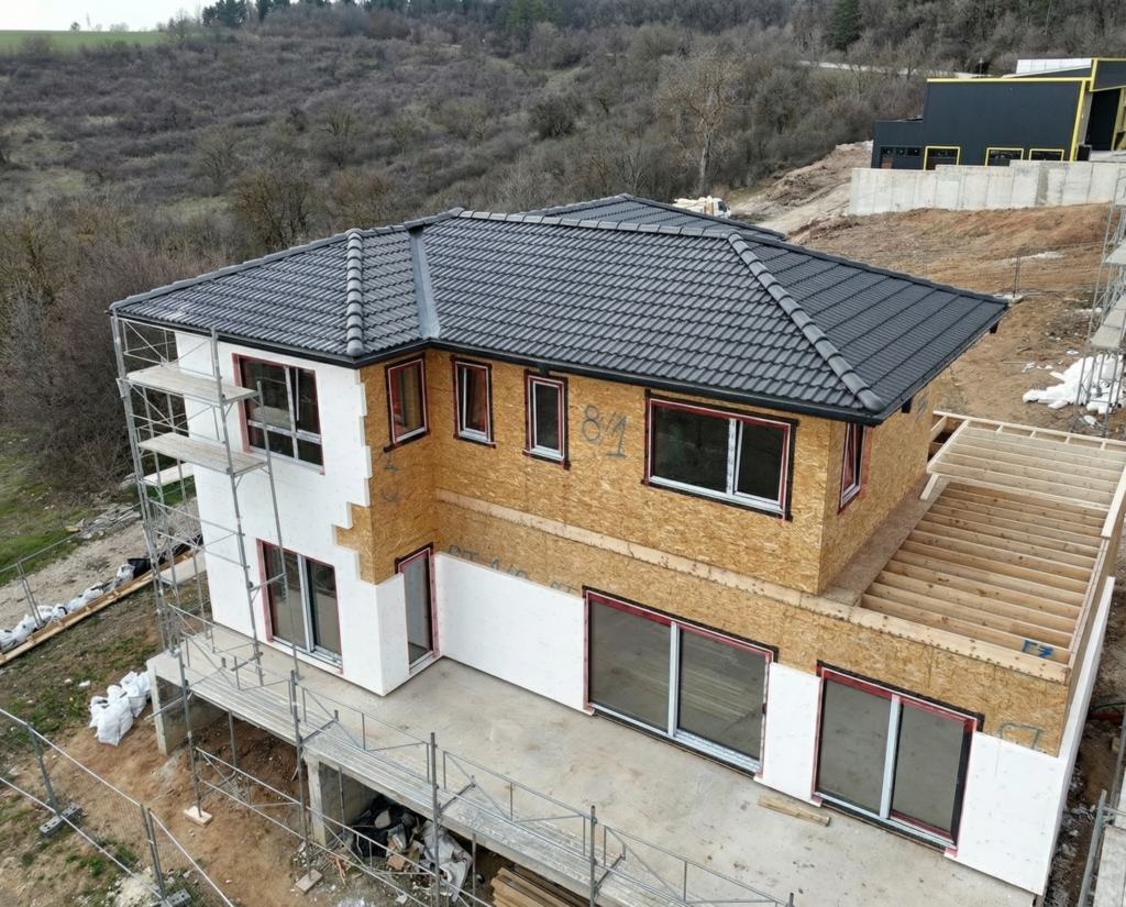 new build house exterior timber frame anthracite roof tiles