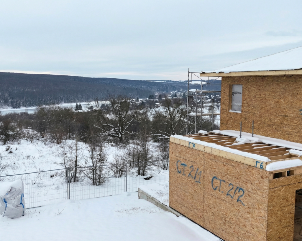 new build house winter construction stage snow