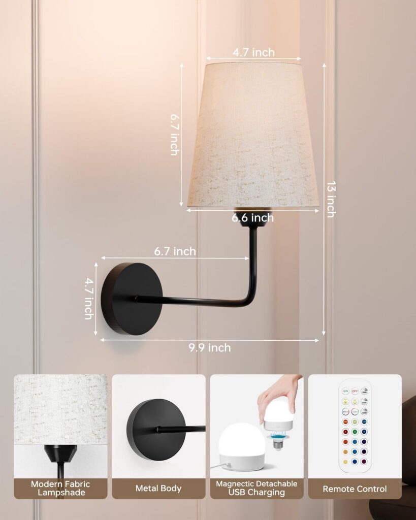 Wireless wall sconce with a tapered linen fabric lampshade and black metal arm and base, shown with dimensions and feature details including magnetic detachable USB-charging bulb and remote control.