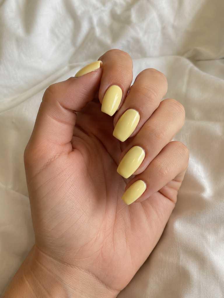 Creamy butter yellow nails on short coffin shaped gel manicure