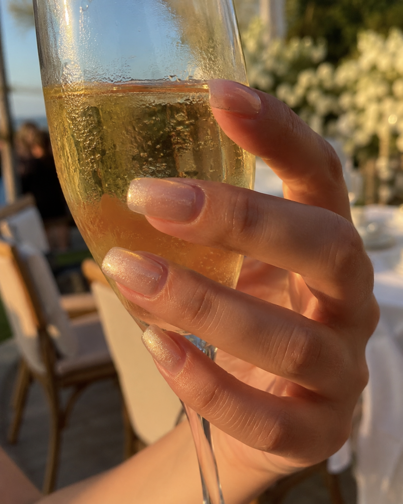 Warm champagne golden shimmer nails on coffin shaped gel manicure