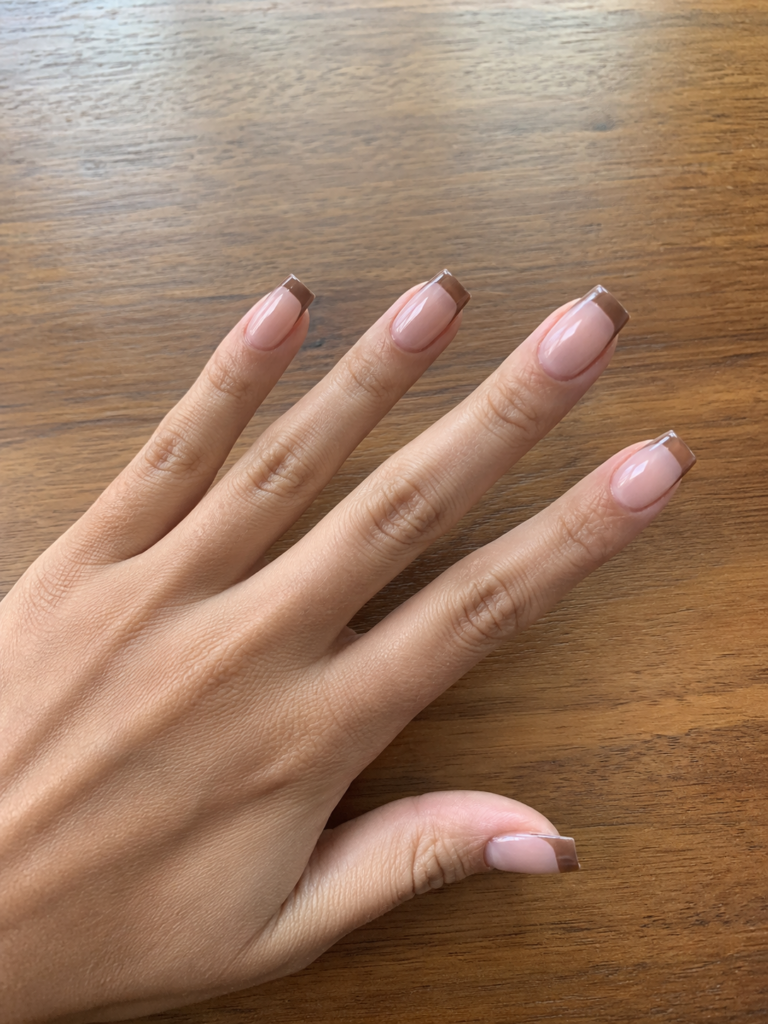 Nude nails with straight geometric brown color block tips