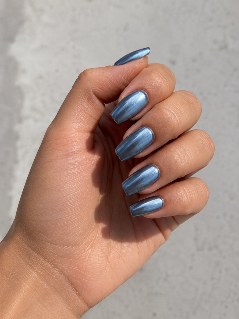 Muted foggy blue gray chrome nails on coffin shaped gel manicure