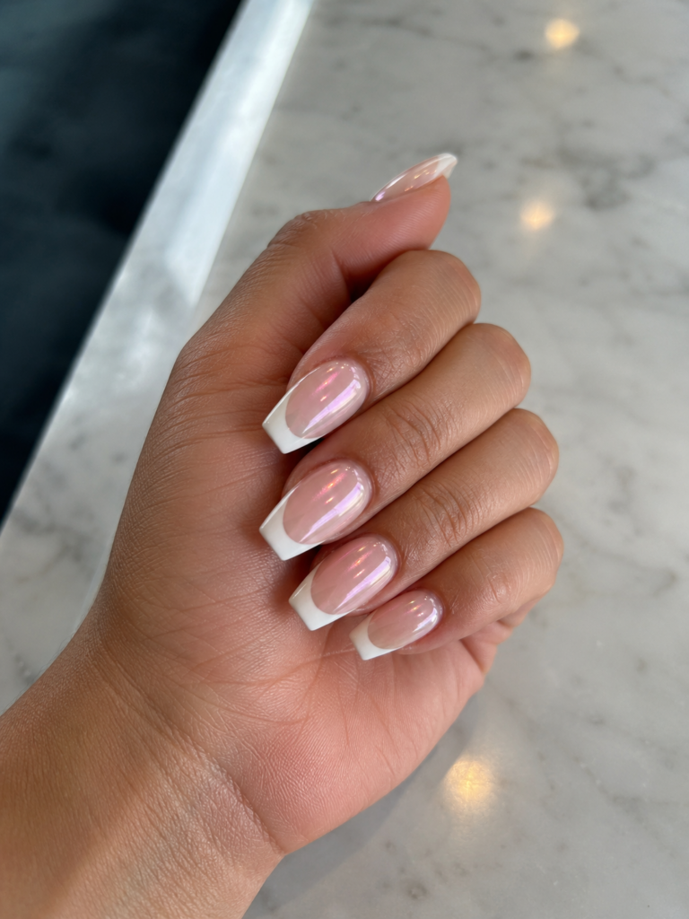 Glazed donut chrome French tip nails on coffin shaped gel manicure