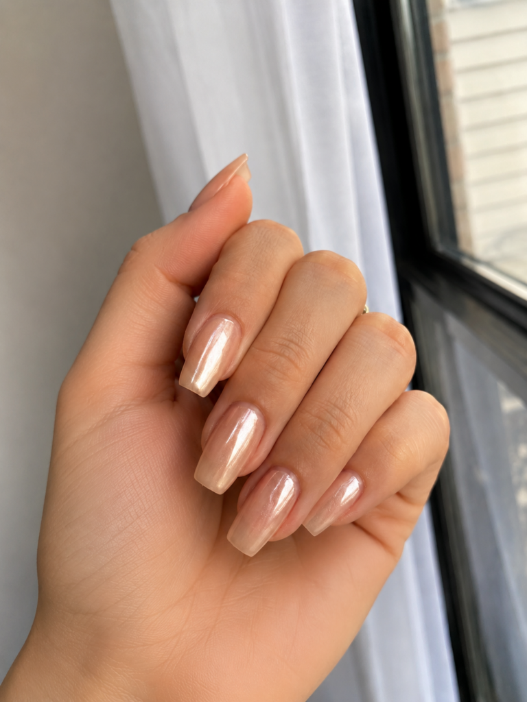 Nude nails with soft iced chrome finish on coffin shaped gel manicure