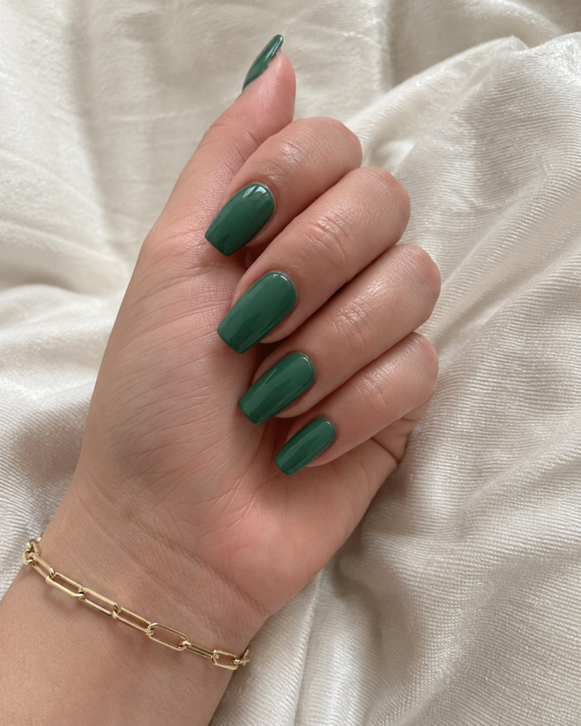 Rich jade green nails on coffin shaped gel manicure with gold bracelet