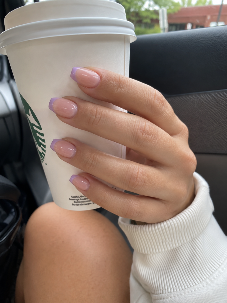 Lavender lilac French tip nails on coffin shaped gel manicure with pink base