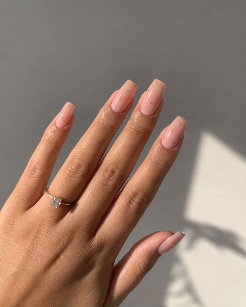 Nude nails with tiny scattered gold metallic microdots nail art